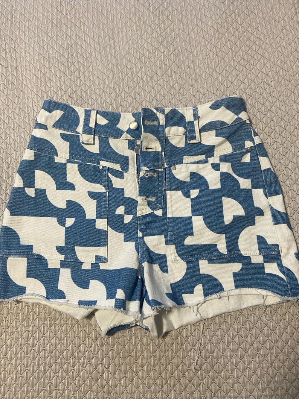 ba&sh Blue and White Geometric Denim Shorts - Picture 1 of 3